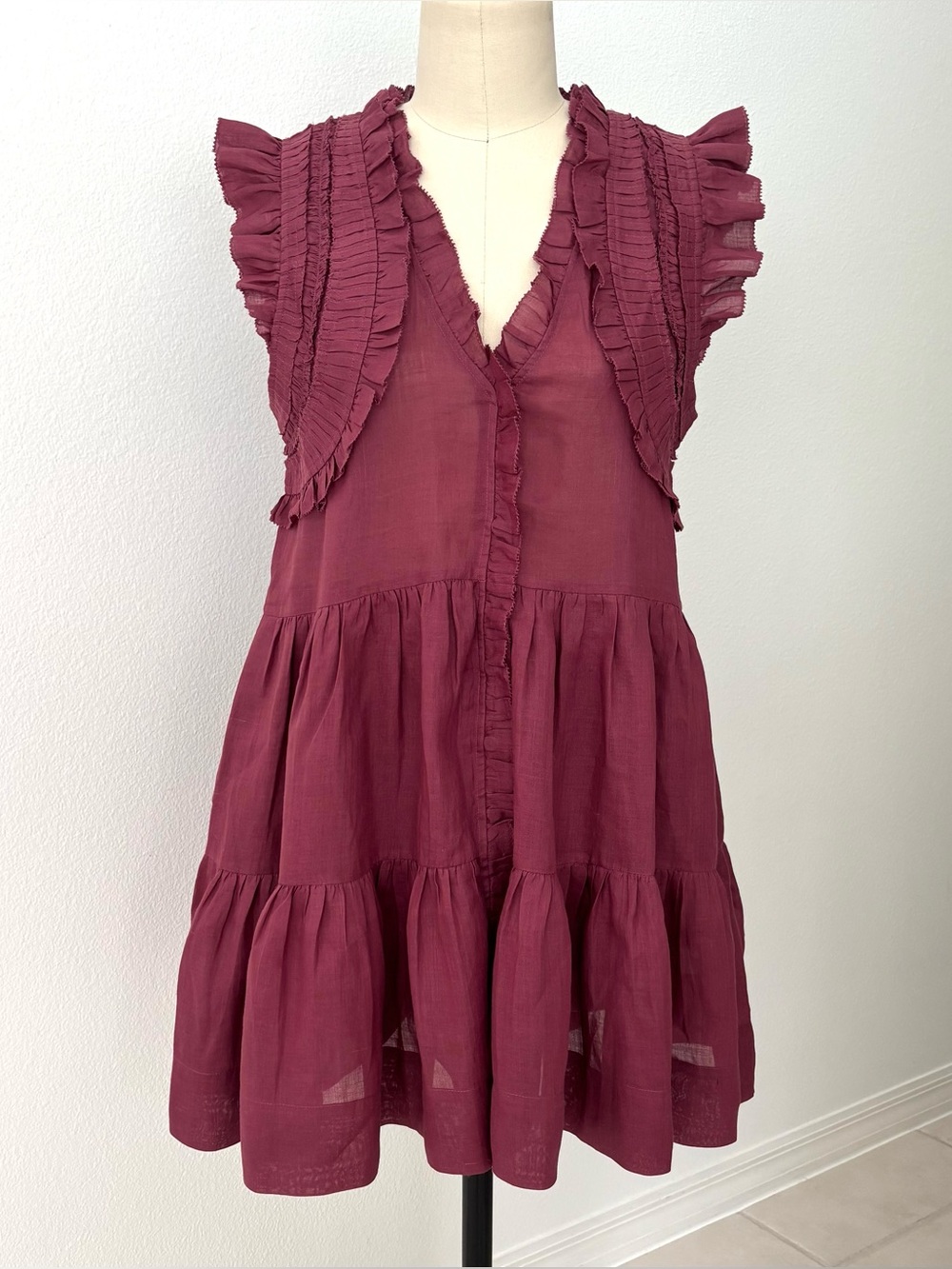Sea New York Cole Flutter Sleeve Smocked Tunic Dress NWT Ramie Burgundy S